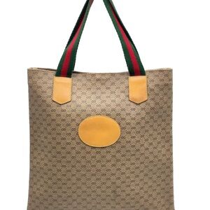 Gucci Beige Monogram Tote with Green and Red Striped Handles and Yellow Accents